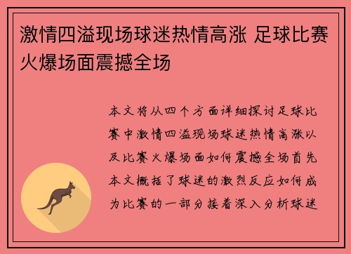 激情四溢现场球迷热情高涨 足球比赛火爆场面震撼全场