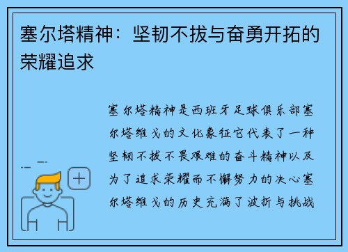 塞尔塔精神：坚韧不拔与奋勇开拓的荣耀追求