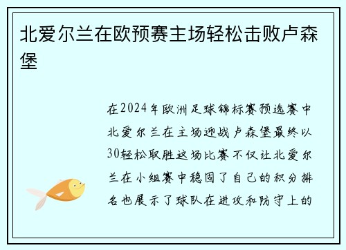 北爱尔兰在欧预赛主场轻松击败卢森堡