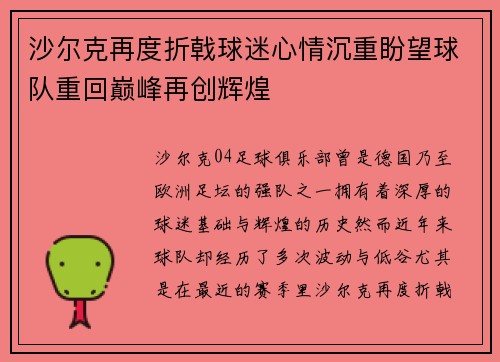 沙尔克再度折戟球迷心情沉重盼望球队重回巅峰再创辉煌