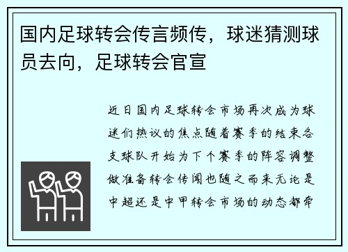 国内足球转会传言频传，球迷猜测球员去向，足球转会官宣