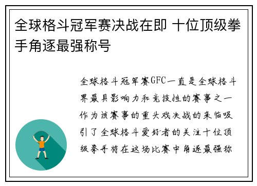 全球格斗冠军赛决战在即 十位顶级拳手角逐最强称号