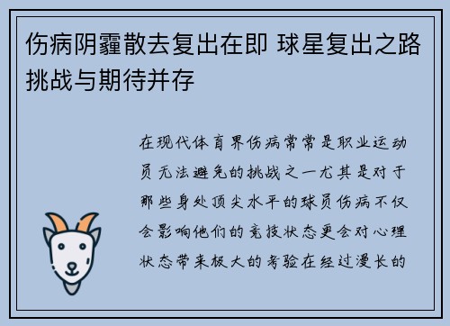 伤病阴霾散去复出在即 球星复出之路挑战与期待并存