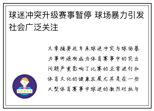球迷冲突升级赛事暂停 球场暴力引发社会广泛关注